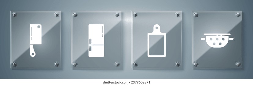 Colador de cocina, tabla de corte, refrigerador y helicóptero de carne. Paneles de vidrio cuadrado. Vector