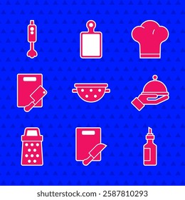 Set Kitchen colander, Cutting board knife, Bottle of olive oil, Covered with tray, Grater, meat chopper, Chef hat and Blender icon. Vector