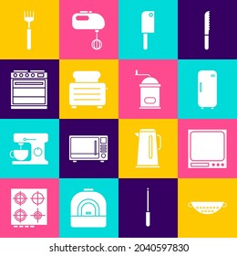 Set Kitchen colander, Electronic scales, Refrigerator, Meat chopper, Toaster with toasts, Oven, Fork and Manual coffee grinder icon. Vector