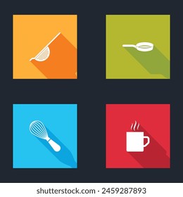 Set Kitchen colander, Frying pan, whisk and Coffee cup icon. Vector