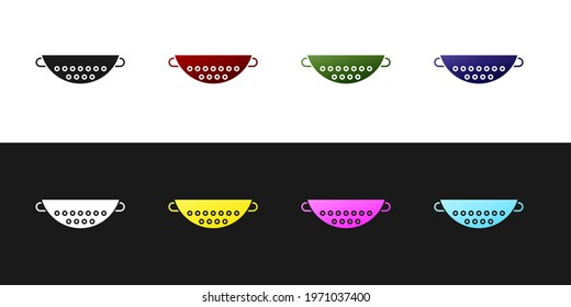 Set Kitchen colander icon isolated on black and white background. Cooking utensil. Cutlery sign.  Vector Illustration