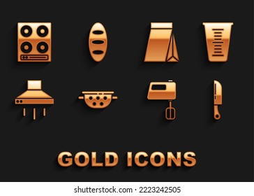 Set Küchenfarben, Messbecher, Messer, Elektrischer Mixer, Absaugventilator, Beutel von Kaffeebohnen, Gasherd und Brotlaib Icon. Vektorgrafik