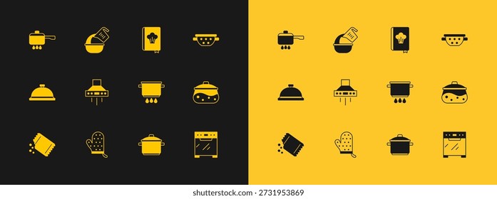 Colador de cocina, guante de horno, olla de cocina en el fuego, extractor de ventilador, libro de cocina y taza de medición icono del tazón. Vector