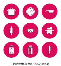 Set Kitchen colander, Paper package for milk, Knife, Rolling pin on dough, Grater, Frying pan and Cooking pot icon. Vector
