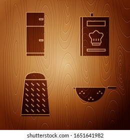 Set Kitchen colander, Refrigerator, Grater and Cookbook on wooden background. Vector