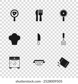 Set Kitchen colander, Spatula, Packet of pepper, Knife, Frying pan, Fried eggs on frying, Crossed knife fork and Chef hat icon. Vector