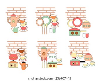 Set of kitchen collection of cookware, kitchenware equipment. Modern design style vector illustration.