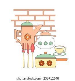 Set of kitchen collection of cookware,  kitchenware equipment. Modern design style vector illustration.