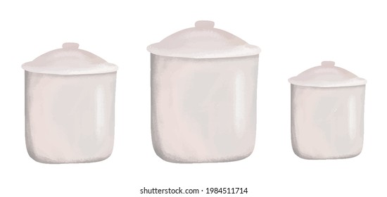 Set of kitchen containers, cooking, bulk food storage cans, kitchen utensils collection, modern flat style, vector illustrations, texture drawings, pink shades, isolated on a white background