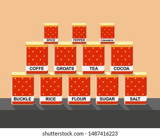 A set of kitchen containers for storing tea, condiments, coffee, rice, cocoa, pepper, rice, sugar, salt. Vector illustration.
