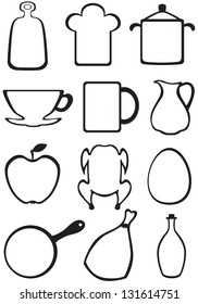 Set of kitchen contour image with kitchenware and food