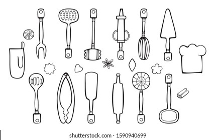 Set of kitchen and cook equipment, spices, cap of the chef . Hand linear black and white drawing, vector illustration isolated on white background.