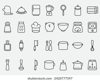 set of kitchen and cooking equipment outline icons