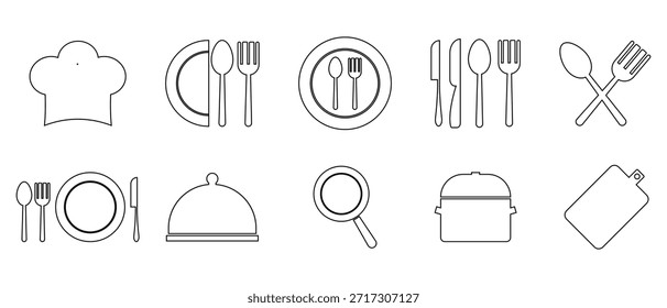 set of kitchen cooking icon, restaurant and home kitchen icon, Kitchen Utensils Icon Vector, knife, spoon, plate, pot, pan icon set, set of silhouettes of kitchen tools.
