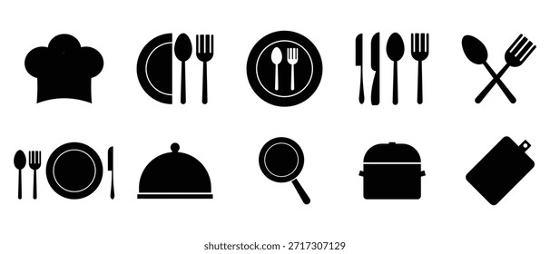 set of kitchen cooking icon, restaurant and home kitchen icon, Kitchen Utensils Icon Vector, knife, spoon, plate, pot, pan icon set, set of silhouettes of kitchen tools.