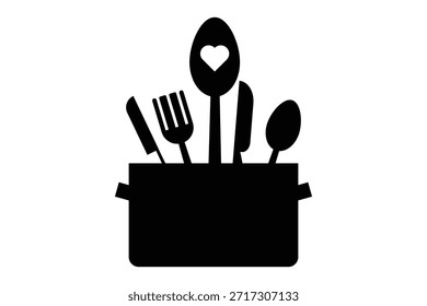 set of kitchen cooking icon, restaurant and home kitchen icon, Kitchen Utensils Icon Vector, knife, spoon, plate, pot, pan icon set, set of silhouettes of kitchen tools.
