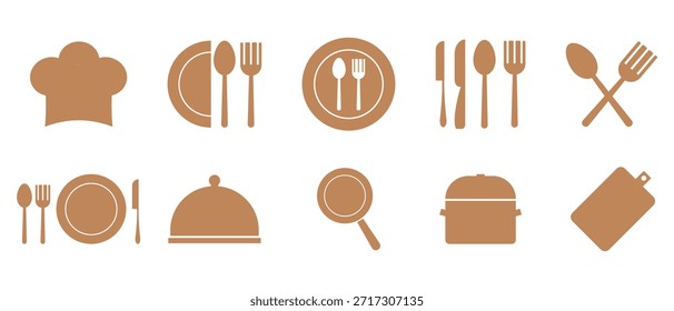 Set von Küche Kochen Symbol, Restaurant und Heimküche Symbol, Küchenutensilien Symbol Vektor, Messer, Löffel, Teller, Topf, Pfanne Symbol Set, Set von Silhouetten von Küchenwerkzeugen.