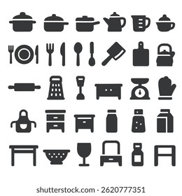Set of Kitchen and Cooking Icons in Flat Black Silhouette Style. Includes pots, pans, utensils, measuring cups, cutting boards, graters, rolling pins, scales, teapots, glasses, dishes, aprons