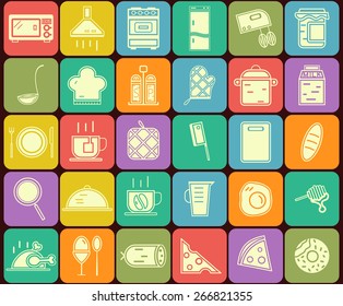 Set of kitchen and cooking  icons in flat design. On multicolor buttons backgrounds. Vector illustration