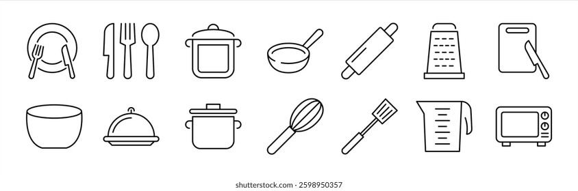 set of kitchen cooking thin line icon. contain kitchen appliance, fork, spoon, knife, frying pan, plate, spatula, oven, kitchen essentials icon collections. vector illustration