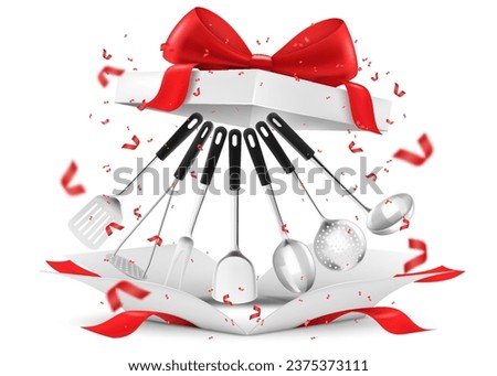 Set of kitchen cooking utensils in an open gift box. Soup ladles, kitchen Spatula, Potato Masher, Skimmer Spoon, meat fork, 3d realistic mockup vector illustration isolated on white background.