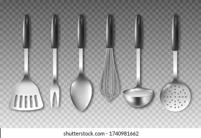 Set of kitchen cooking utensils such as soup ladle and slotted spoon, realistic mockup vector illustration isolated on transparent background. Household implements.