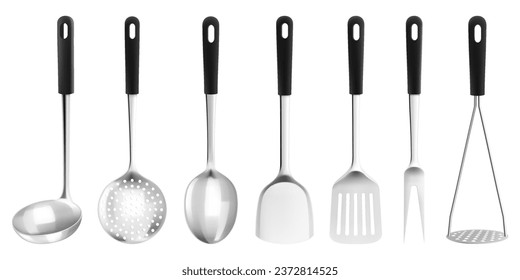 Conjunto de utensilios de cocina tales como cucharas de sopa y cucharas con manchas, cocina Spatula, masher de papa, cuchara de skimmer, tenedor de carne, ilustración vectorial de mockup 3d realista aislada en fondo blanco.