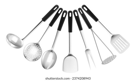 Conjunto de utensilios de cocina tales como cucharas de sopa y cucharas con manchas, cocina Spatula, masher de papa, cuchara de skimmer, tenedor de carne, ilustración vectorial de mockup 3d realista aislada en fondo blanco.