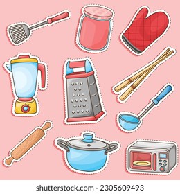Set of Kitchen and Cooking Ware Cute Sticker Illustration