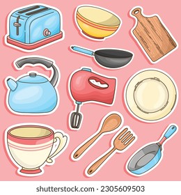 Set of Kitchen and Cooking Ware Cute Sticker Illustration