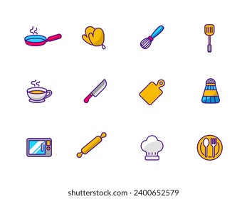 Set of kitchen and cooking-related icons with colorful designs on a white background