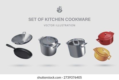 A Set of Kitchen Cookware 3D Vector Items: Wok, Skillet, Soup Pot, Stock Pot, Enamel Pot, Glass Pot