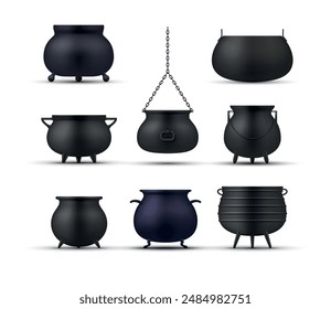 Set of kitchen copper cooking pots vector illustration. Realistic black witch cauldrons for Halloween isolated on white background.