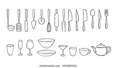 Set of kitchen cutlery in a hand-drawn sketch. Cooking utensils in doodle style. Household tools, utensils, glasses, plates, cutlery. Clip art collection. isolated on white vector illustration