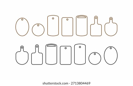 Conjunto de iconos de tabla de cortar de cocina en múltiples Formas y estilos, incluidas versiones sólidas y de contorno, perfectas para gráficos culinarios y de cocina