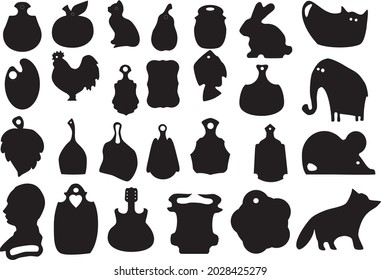 Set of kitchen cutting boards, isolated on white, Kitchen theme. Set of cutting board silhouettes. Kitchen board contour. Boards for serving dishes, board for bread. Shapes for laser cutting, vector