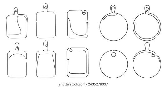 Set of kitchen cutting boards in linear style. Vector illustration.Can be used as mockup for menu. Use for card, poster, banner, web design.  Vector illustration. 