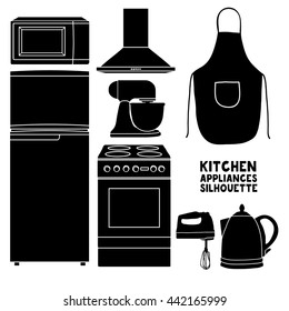 Set of kitchen device silhouettes. Kitchen household silhouettes furniture in a cartoon style. Silhouette of kitchen tools and accessories. Appliances for kitchen interior. Vector