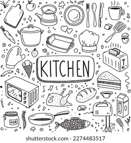 Set of kitchen devices and food, hand drawn vector doodles