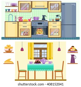 Set of kitchen and dining room interior with utensils, appliances and furniture. Stove and oven, fridge and kitchen furniture. Dining table  and two chairs. Flat home design. Vector illustration  