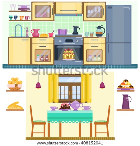 Set Of Kitchen And Dining Room Interior With Utensils Appliances Furniture Stove Set Of Kitchen And Dining Room Interior With Utensils Appliances Furniture Stove