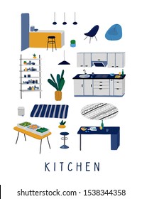 Set for kitchen or dining room with stylish comfy furniture and modern home decorations in trendy Scandinavian or hygge style. Cozy Interior furnished home plants. Flat cartoon vector illustration
