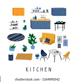 Set for kitchen or dining room with stylish comfy furniture and modern home decorations in trendy Scandinavian or hygge style. Cozy Interior furnished home plants. Flat cartoon vector illustration