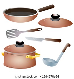 Set of kitchen dishes. Color images on white background. Vector illustration.