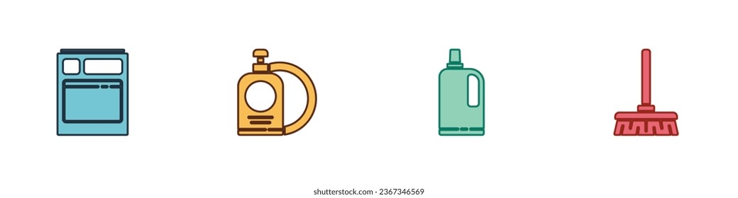 Set Kitchen dishwasher machine, Dishwashing liquid bottle and plate, Fabric softener and Handle broom icon. Vector