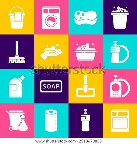 Set Kitchen dishwasher machine, Dishwashing liquid bottle and plate, Sponge, Washing hands with soap, Handle broom, Bucket rag and Plastic basin suds icon. Vector