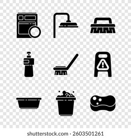 Set Kitchen dishwasher machine, Shower head, Brush for cleaning, Plastic basin, Bucket with soap suds, Sponge, Dishwashing liquid bottle and  icon. Vector