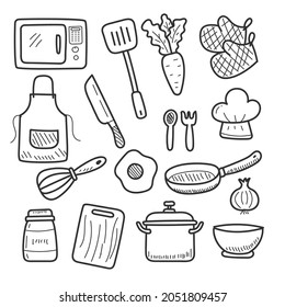 Set of kitchen doodle vector illustration with black color isolated on white background