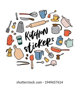 set of kitchen doodles on white background for stickers, prints, cards, clipart, kitchen decor, etc. EPS 10