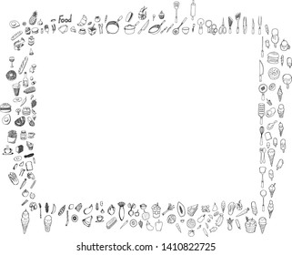 Set of Kitchen Drawing illustration Hand drawn doodle Sketch line vector collected in a border